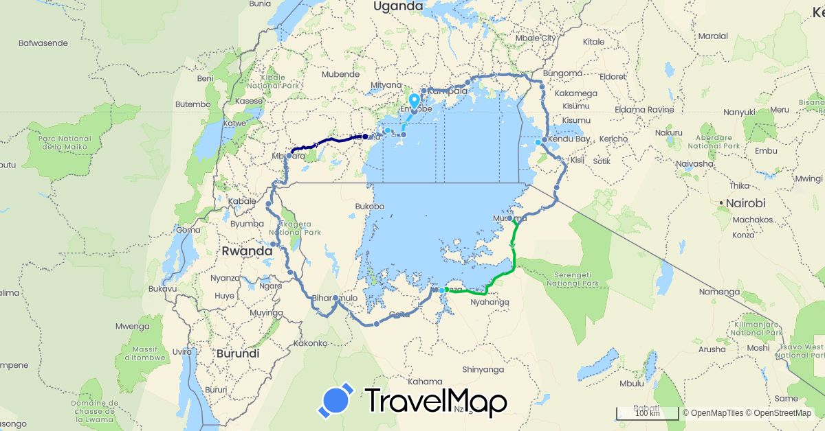 TravelMap itinerary: cycling, boat in Kenya, Rwanda, Tanzania, Uganda (Africa)