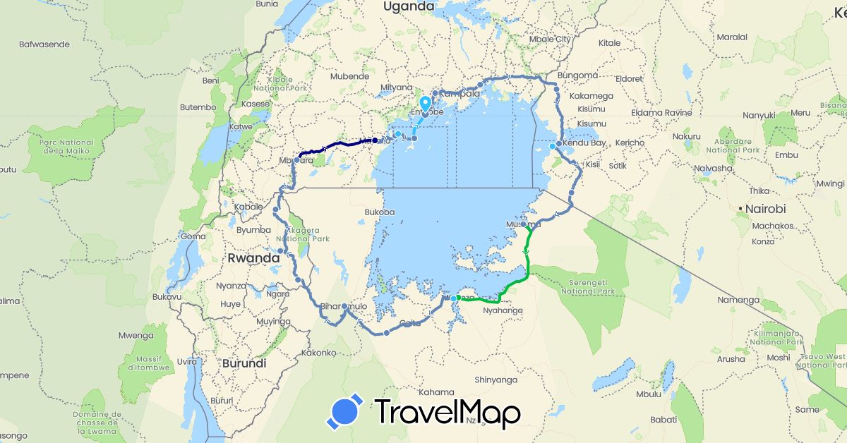 TravelMap itinerary: driving, bus, cycling, boat in Kenya, Rwanda, Tanzania, Uganda (Africa)