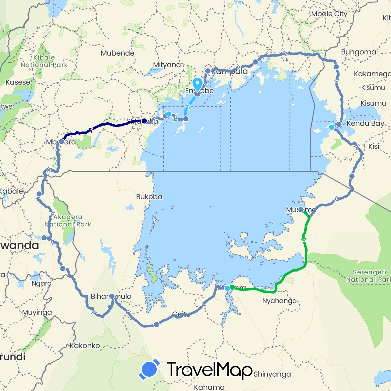 TravelMap itinerary: driving, bus, cycling, boat in Kenya, Rwanda, Tanzania, Uganda (Africa)