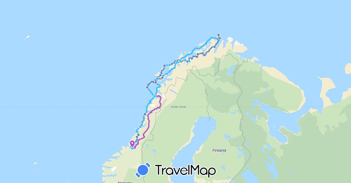 TravelMap itinerary: cycling, train, boat in Norway (Europe)