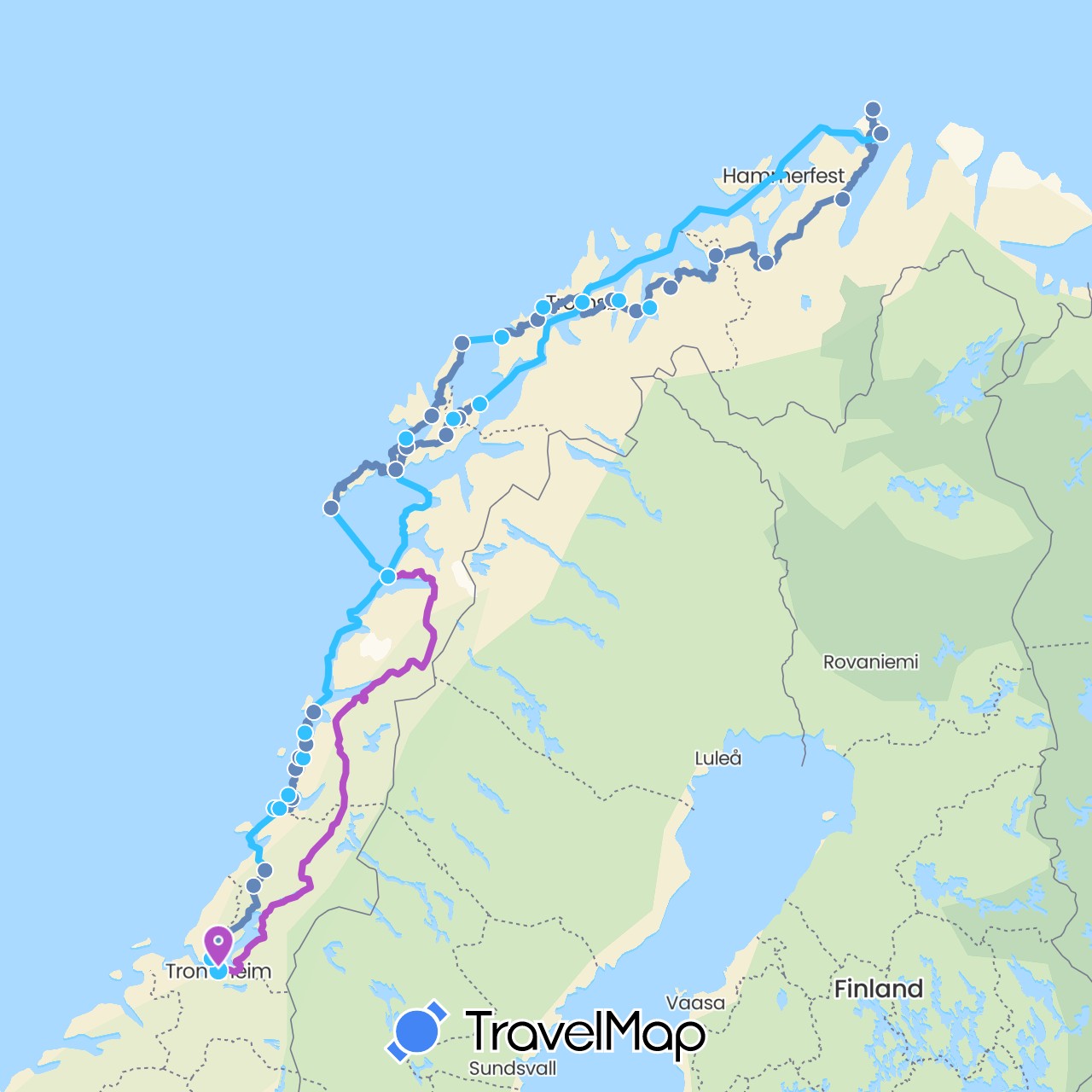 TravelMap itinerary: cycling, train, boat in Norway (Europe)