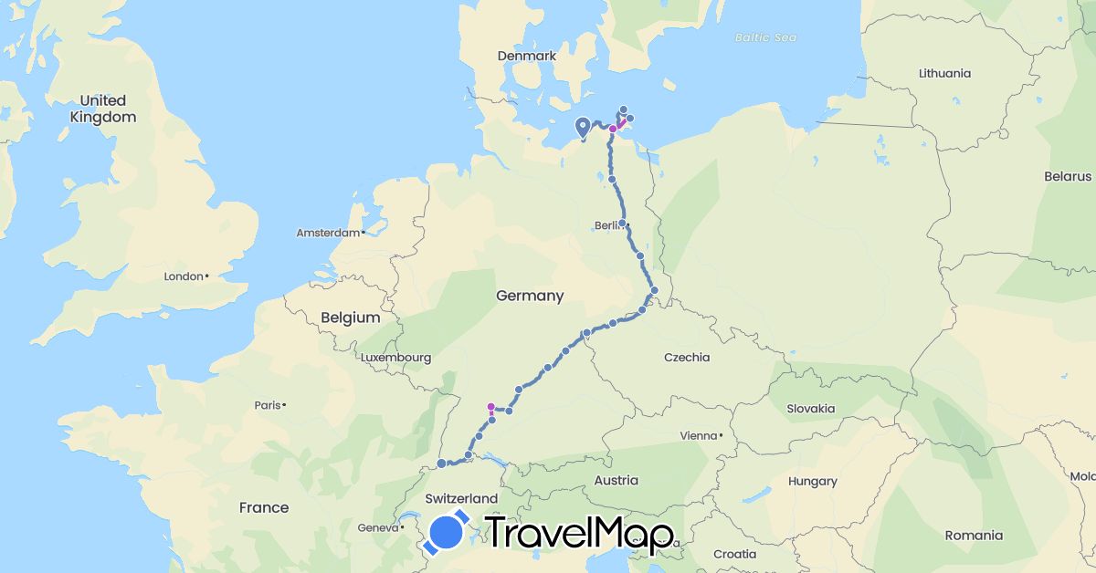 TravelMap itinerary: cycling, train in Switzerland, Czech Republic, Germany (Europe)