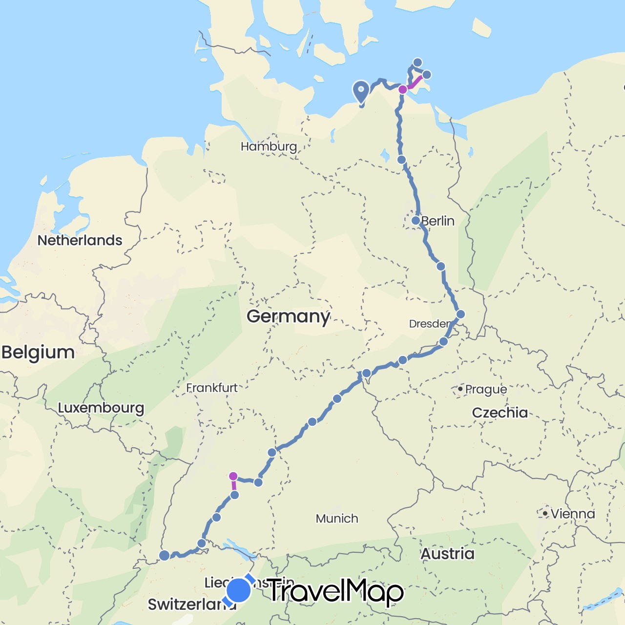 TravelMap itinerary: cycling, train in Switzerland, Czech Republic, Germany (Europe)