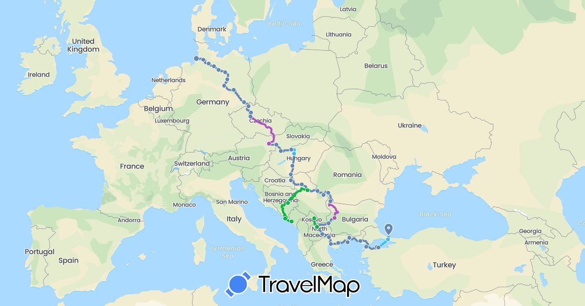 TravelMap itinerary: driving, bus, cycling, train, boat in Austria, Bosnia and Herzegovina, Bulgaria, Czech Republic, Germany, Greece, Croatia, Hungary, Montenegro, Macedonia, Romania, Serbia, Slovakia, Turkey, Kosovo (Asia, Europe)