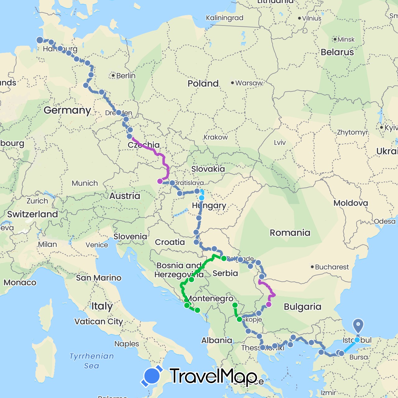 TravelMap itinerary: driving, bus, cycling, train, boat in Austria, Bosnia and Herzegovina, Bulgaria, Czech Republic, Germany, Greece, Croatia, Hungary, Montenegro, Macedonia, Romania, Serbia, Slovakia, Turkey, Kosovo (Asia, Europe)