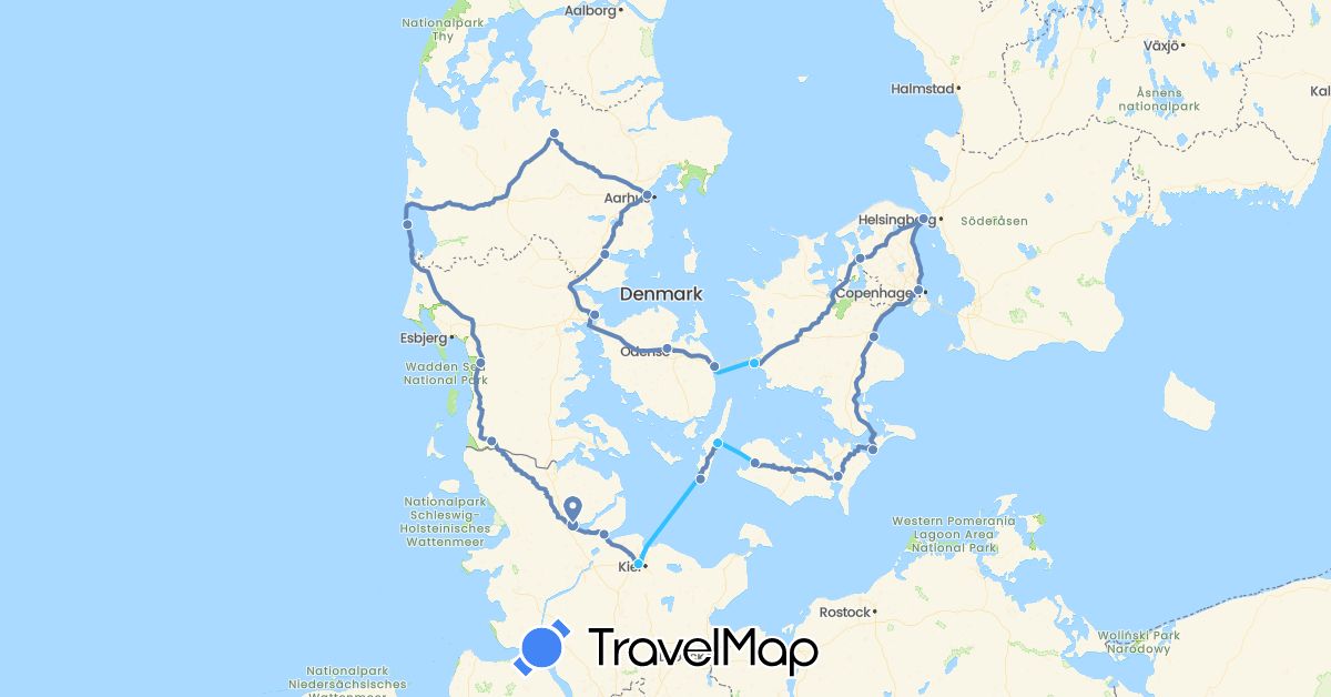 TravelMap itinerary: driving, cycling, boat in Germany, Denmark (Europe)
