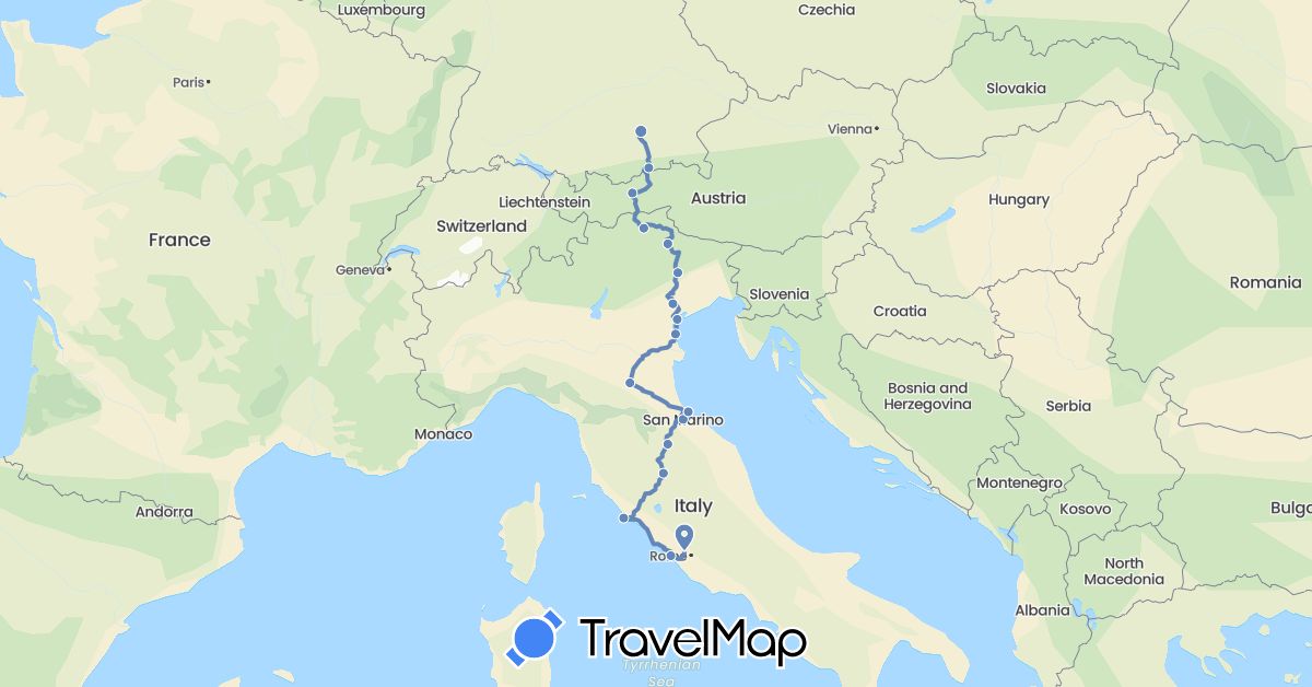 TravelMap itinerary: driving, cycling in Austria, Germany, Italy, San Marino (Europe)