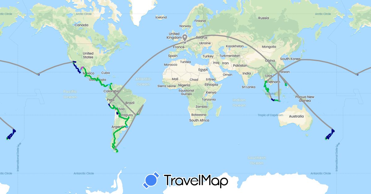 TravelMap itinerary: driving, bus, plane, cycling, train, hiking, boat in Argentina, Bolivia, Brazil, Chile, China, Colombia, Costa Rica, Germany, Guatemala, Honduras, Indonesia, Japan, Mexico, Malaysia, Nicaragua, New Zealand, Panama, Peru, Philippines, Singapore, Thailand, United States, Uruguay (Asia, Europe, North America, Oceania, South America)