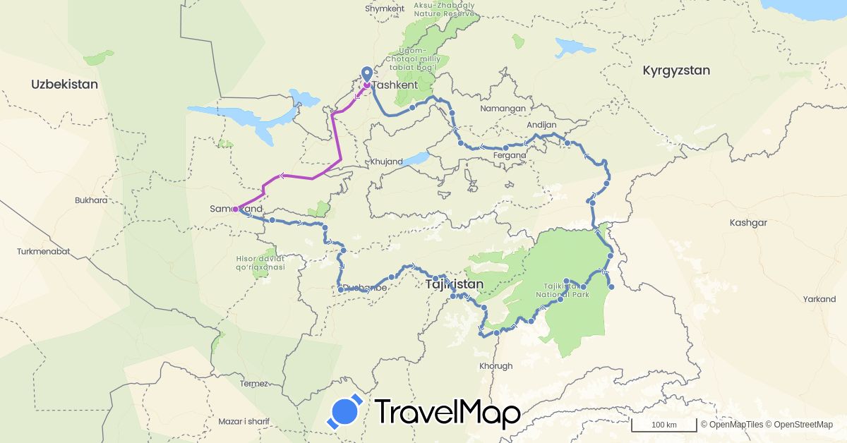TravelMap itinerary: driving, cycling, train in Kyrgyzstan, Tajikistan, Uzbekistan (Asia)