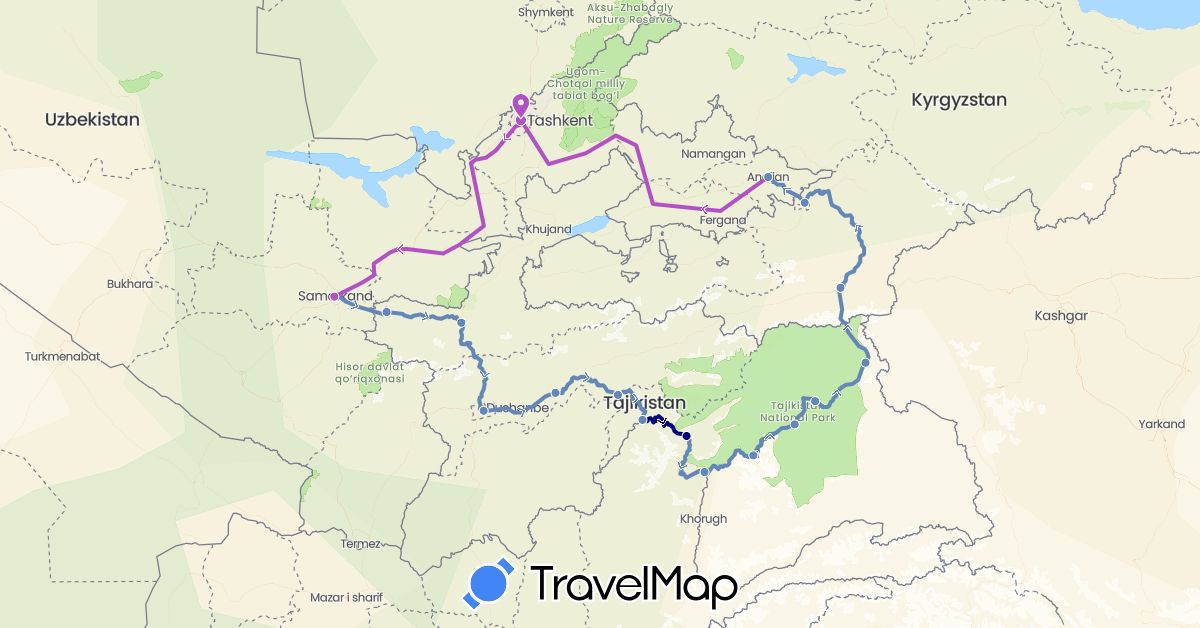 TravelMap itinerary: driving, cycling, train in Kyrgyzstan, Tajikistan, Uzbekistan (Asia)