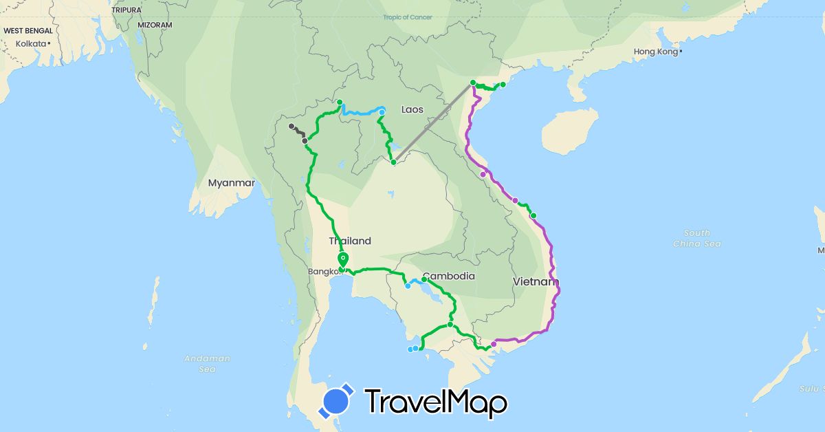 TravelMap itinerary: driving, bus, plane, train, boat, motorbike in Cambodia, Laos, Thailand, Vietnam (Asia)