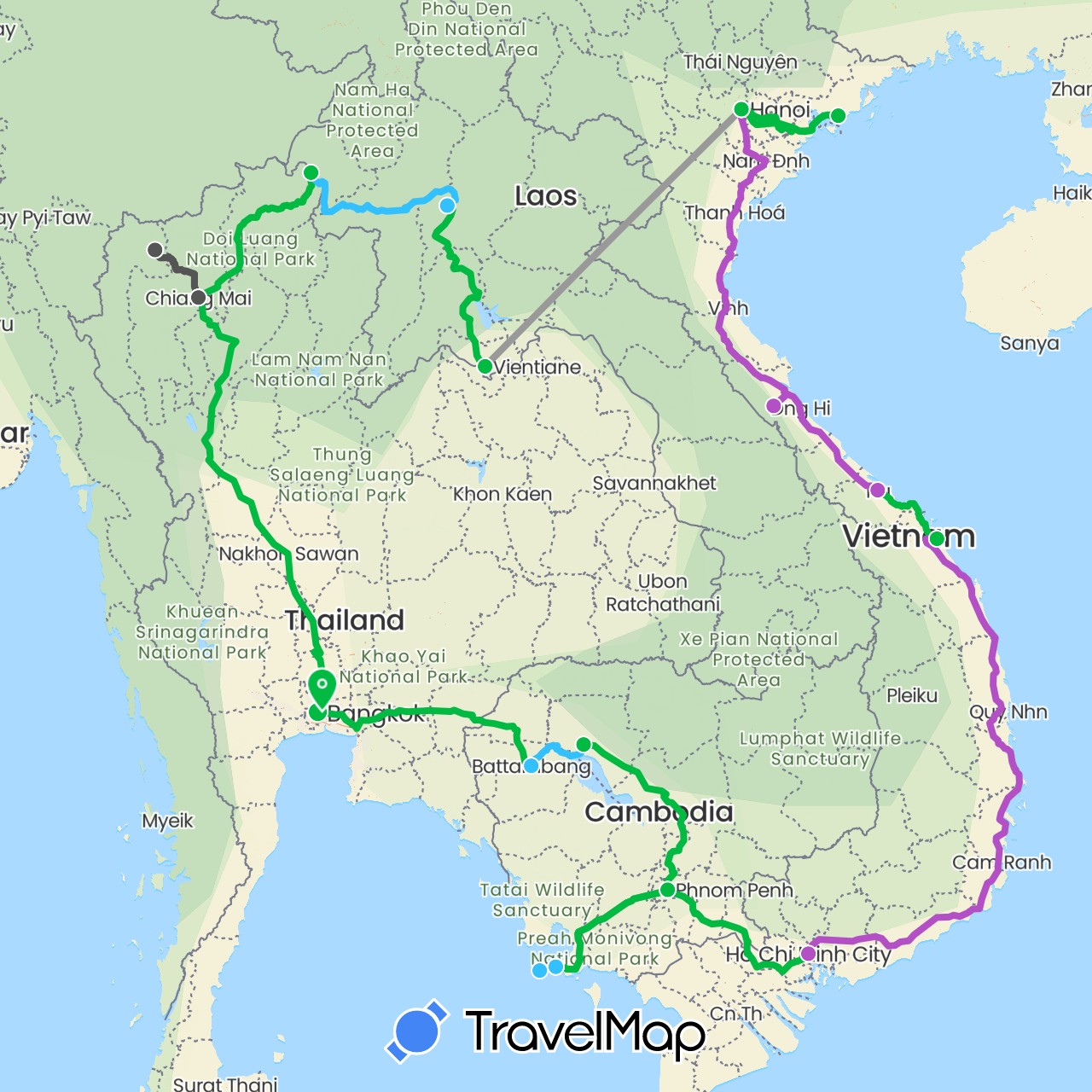 TravelMap itinerary: driving, bus, plane, train, boat, motorbike in Cambodia, Laos, Thailand, Vietnam (Asia)